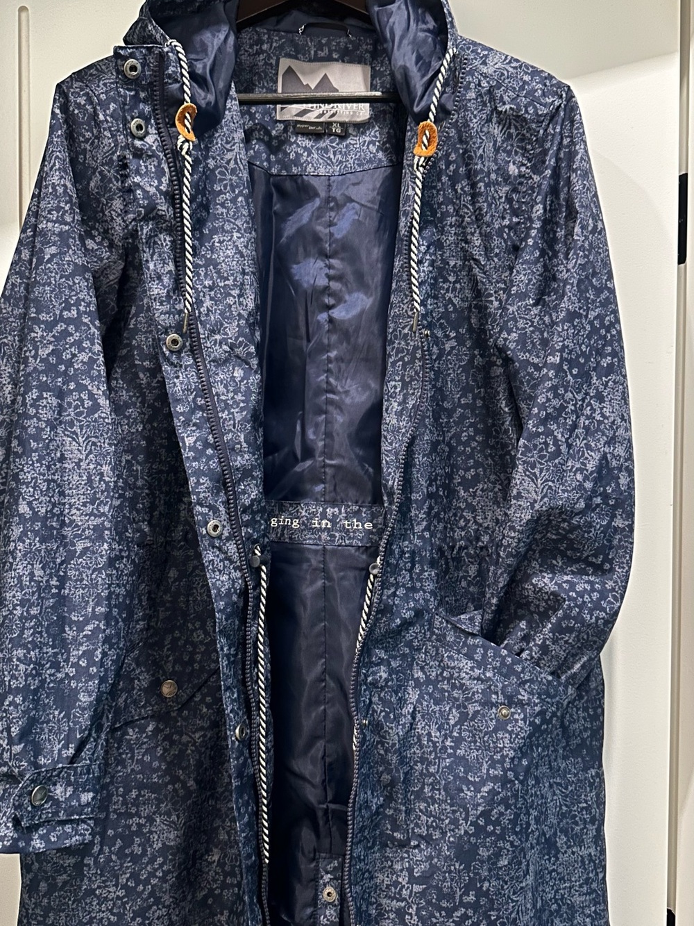 Women's Navy Floral-Print Trench Coat with Hood